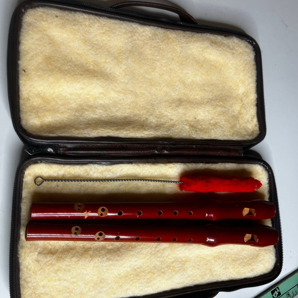 Vintage GDR East German Wooden Recorder Set with Case Reddish Brown Woodwind